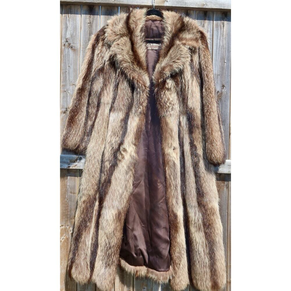 Vintage Evans Genuine Raccoon Fur Coat Full Length Brown Striped Maxi Coat Glam